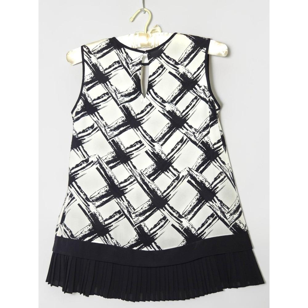 Raoul Silk Blouse Sleeveless Black Ivory Abstract Pleated Hem US 6 - Picture 3 of 11